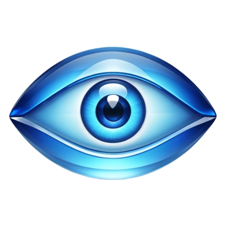 Cinematic Realistic image of a glass Evil Eye blue stone, rendered with translucent, luminous blue hues and finely cut facets that catch soft reflective light, set against a dark, minimalist backdrop to emphasize its mystical allure. sticker