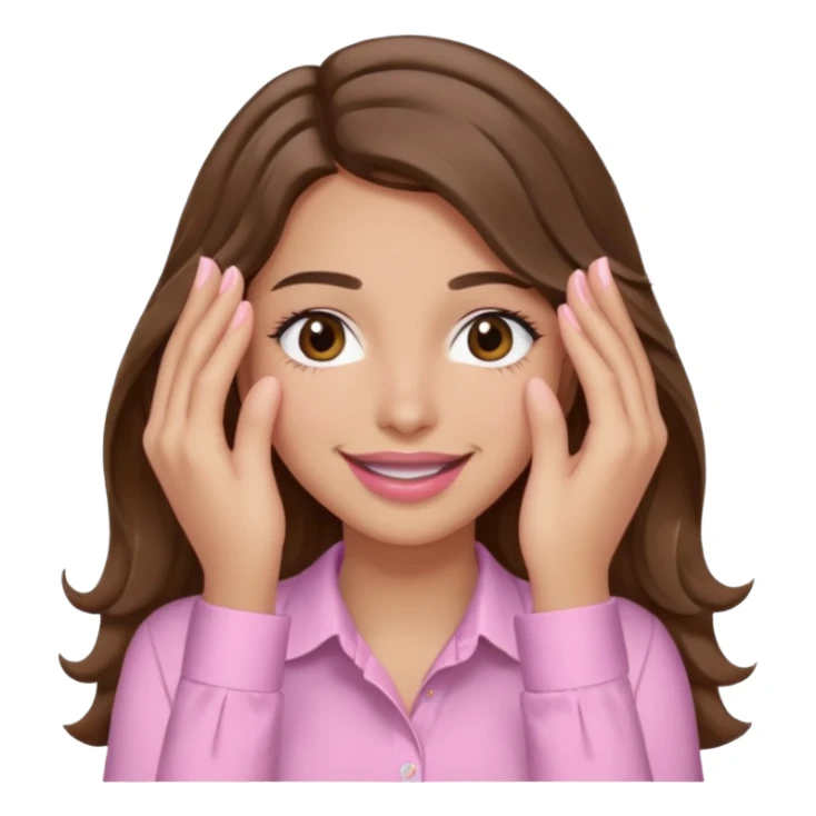 girl with wavy long brown hair, brown eyes, light to medium complexion, long lashes, light pink lipstick, wearing light pink shirt, smiling, hands covering both eyes sticker