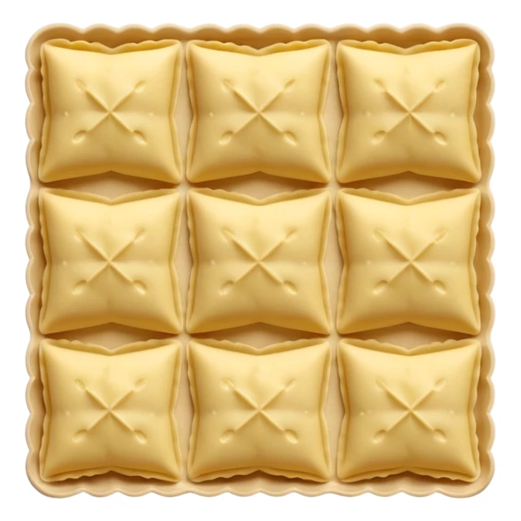 small square ravioli sheets with pale slightly yellow dough, delicately crimped edges, subtle central bump suggesting soft filling, smooth matte surface with light flour dusting, loose overlapping scatter, raw ravioli, soft lighting, subtle shadows, emoji scale sticker