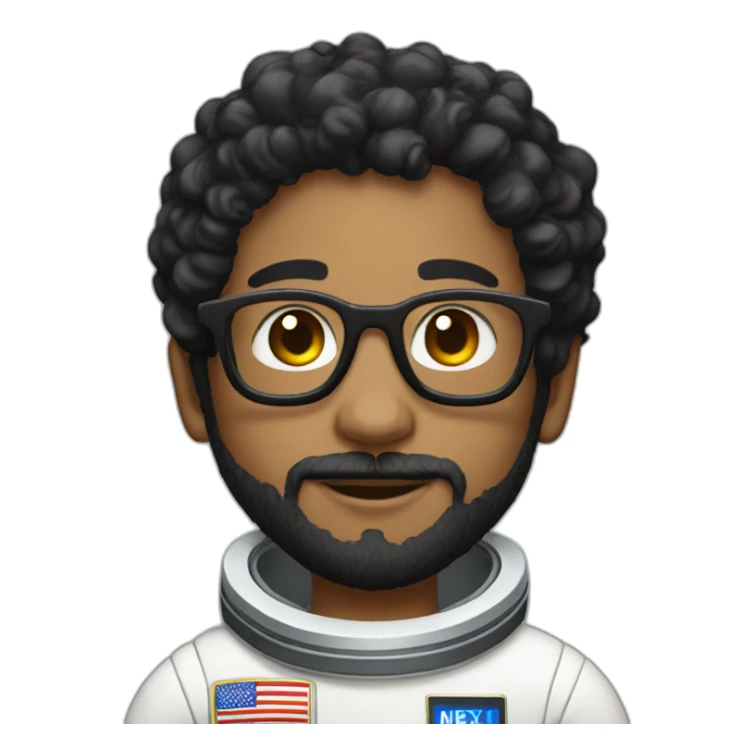 Boy with black short curly hair and beard wearing glasses astronaut sticker