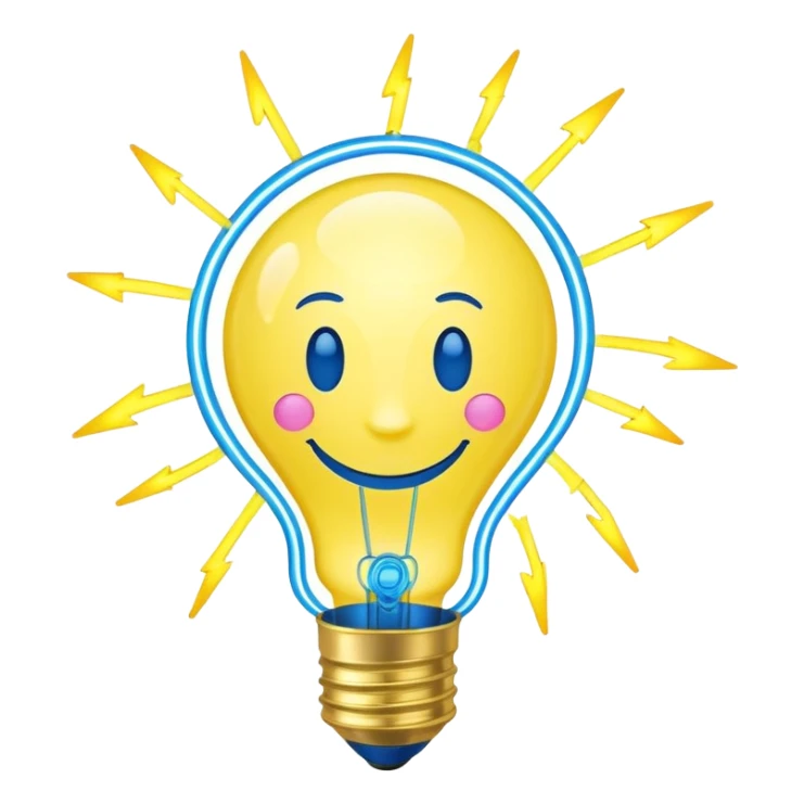 neon yellow lightbulb emoji with smiling face, rotating atom inside, chemical bubbles, electric blue lightning bolt on top, colors #FFD700, #00BFFF, #FF69B4, conveying youthful creativity and science sticker