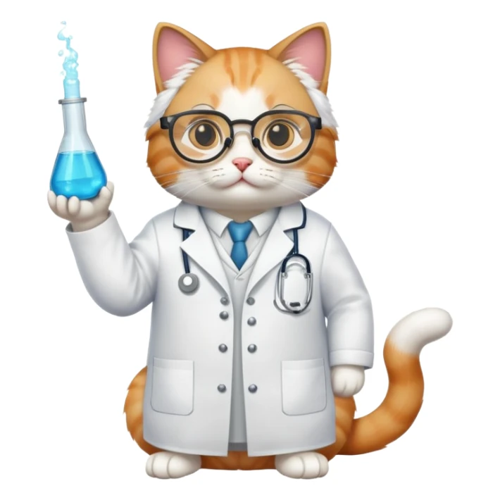 cat full body sitting wearing scientist glasses and a lab coat sticker