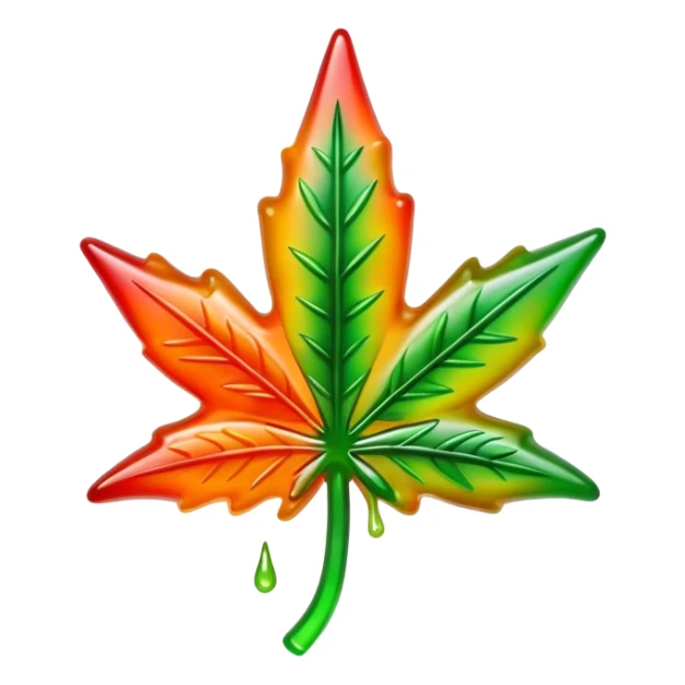 bright colorful gusher gummy shaped like a marijuana leaf with visible liquid center and liquid dripping sticker