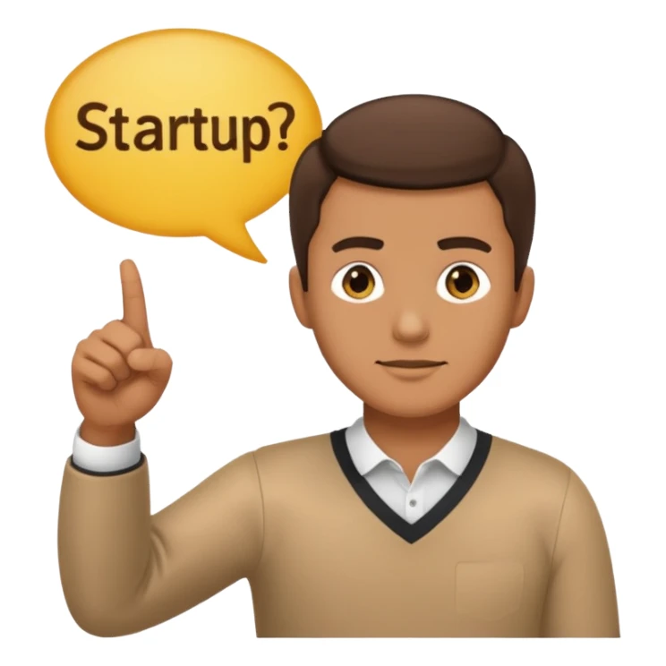 a man pointing to a speech bubble with the word 'startup', emoji style sticker