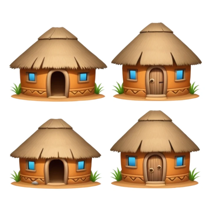 4 different African mud hut tribal houses, each unique, round adobe clay huts, thatched roofs, colorful tribal decorations, mobile game icon style, 3D cartoon, clean background, consistent lighting, consistent proportions sticker