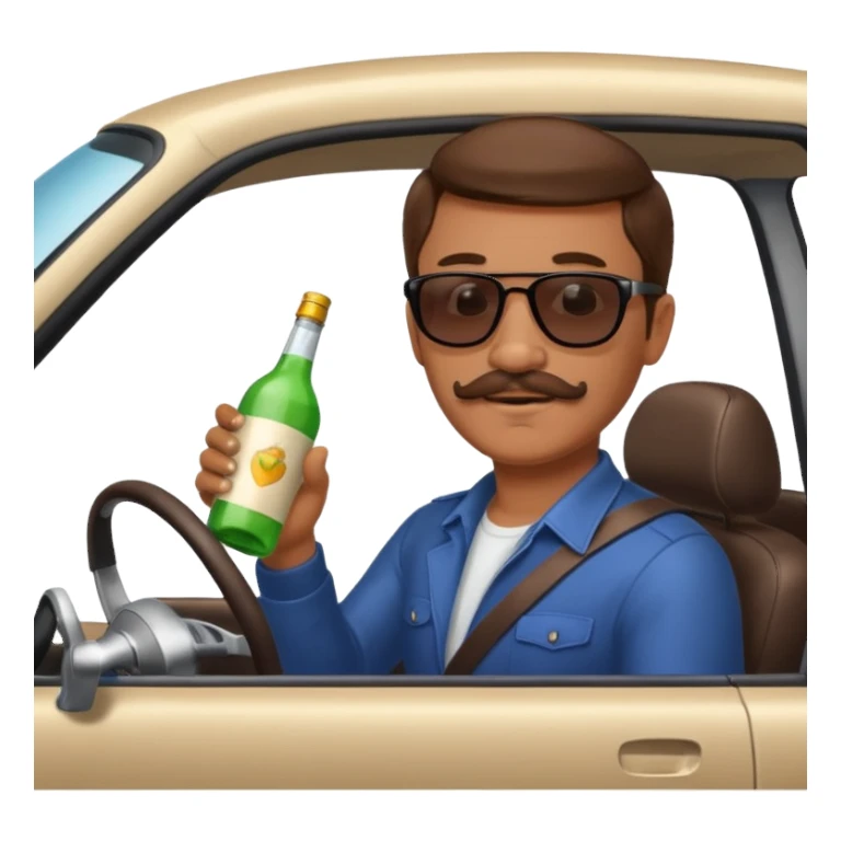 Guy with brown hair and mustache driving car with bottle in hand  sticker