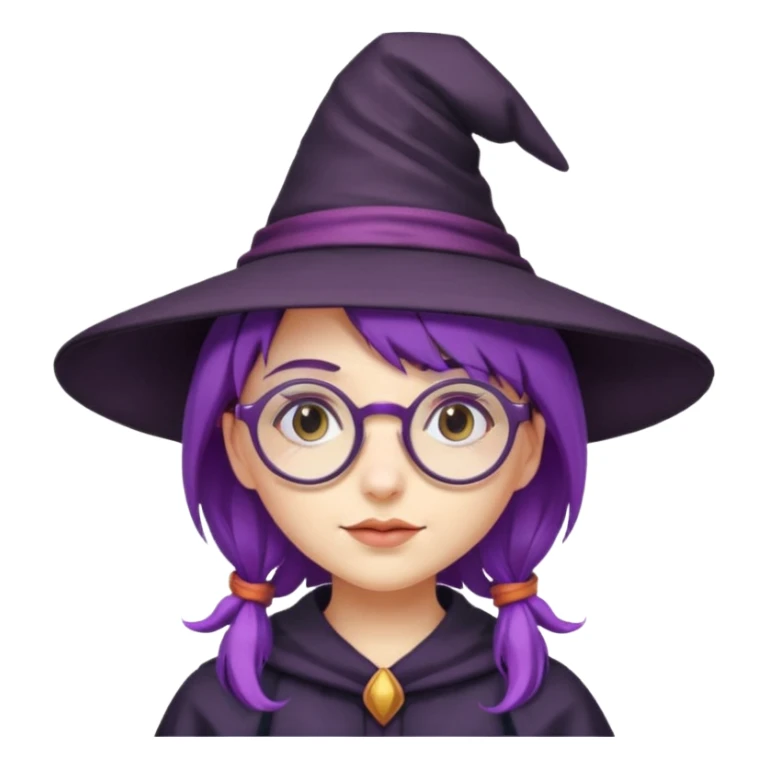 purple haired girl with round glasses and a witch hat sticker