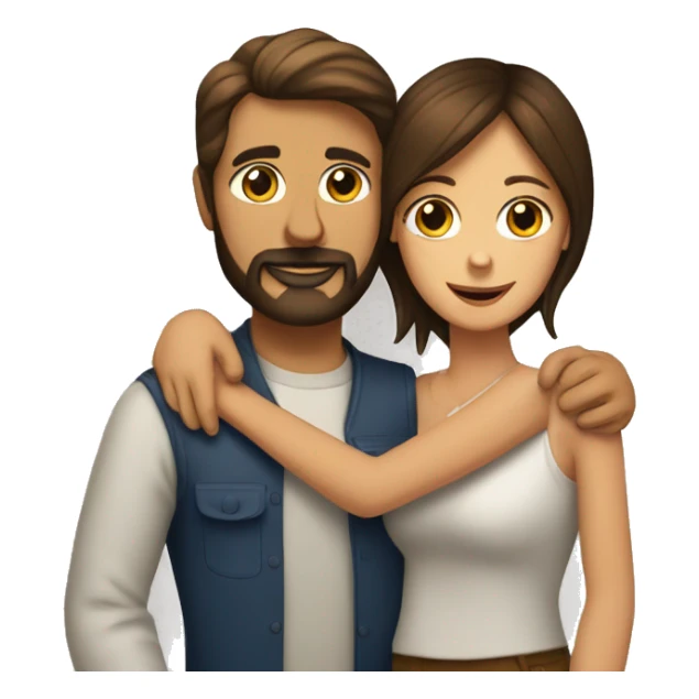 A brunette women and a brunette man with a beard hugging a beagle sticker