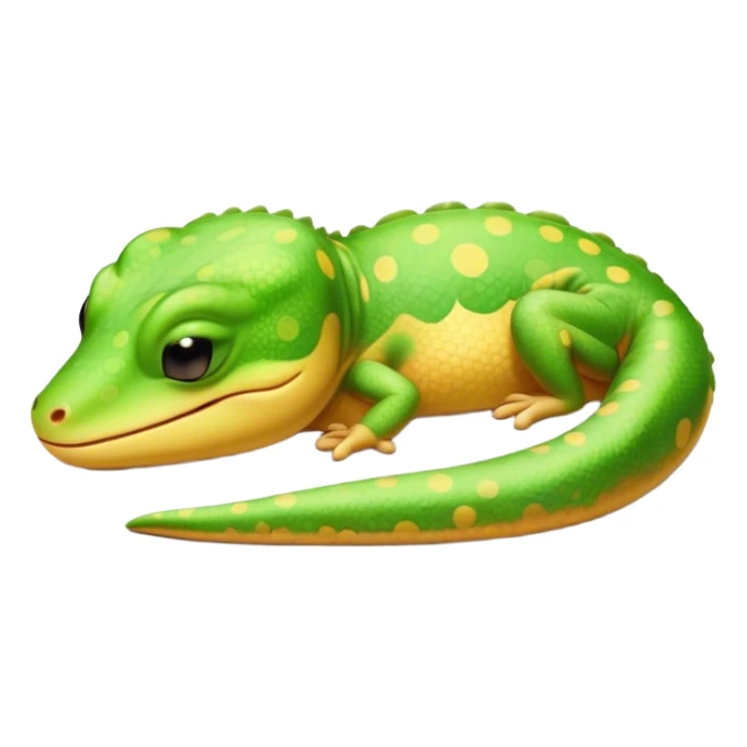 Meme-Worthy Cute Sleeping Gecko Portrait Emoji, Head resting peacefully with a contented smile, showcasing a diminutive, patterned body with smooth scales and eyes gently closed in serene slumber, Simplified yet adorably endearing features, highly detailed, glowing with a soft, drowsy tropical light, high shine, relaxed and utterly lovable, stylized with an air of playful laziness, soft glowing outline, capturing the essence of a sleeping gecko that feels destined to become the next viral icon of adorable rest! sticker