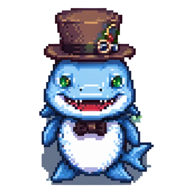 A pixel art style image of a shark wearing a top hat and a monocle. sticker