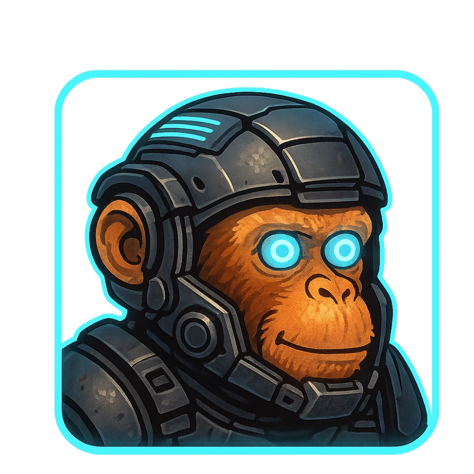 the image is the icon for a videogame insta-use item, it is armor [open face combat helmet] - futuristic cyberpunk -ready to equip-  it is master craftsmanship [ unequipped item ], except it's the monkey from the "neuron activation" meme sticker