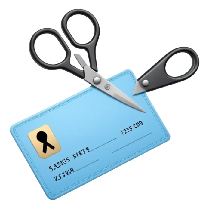 Floating black Scissors cutting a light blue military ID card in 2 parts .hyper realistic sticker