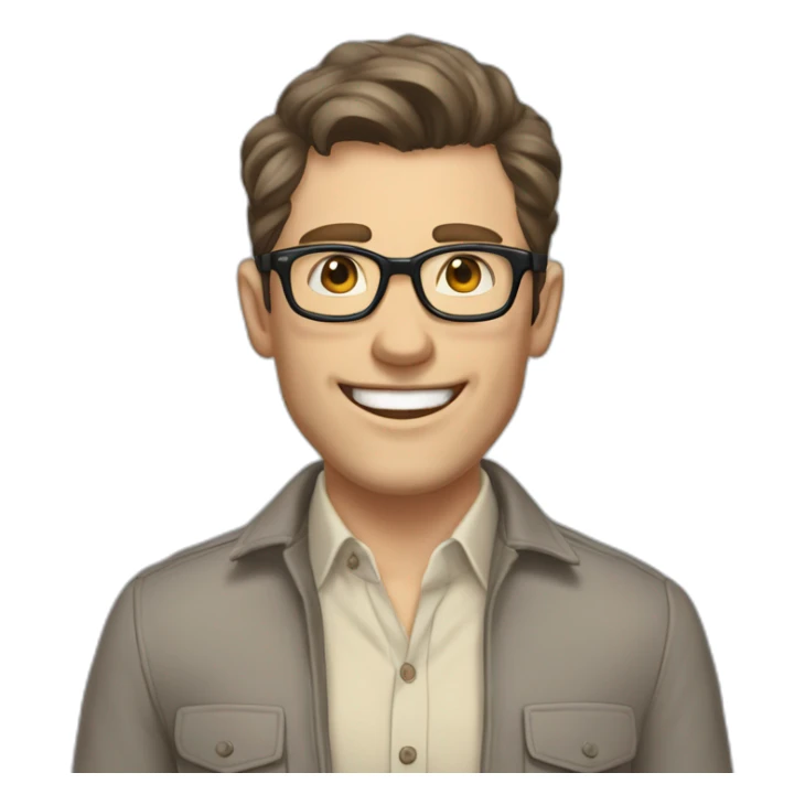Joyful Pale skinned Fit Man With dark brown hair in gray jacket, beige office shirt, Brown pants and vintage glasses. His thrumbs up sticker