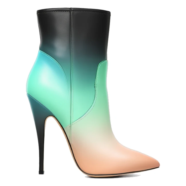 Real isolated top front view of a pair of black,peach,pastel green,pastel blue ombre Guess Jeans brand stiletto high heel ankle bootie boots sticker