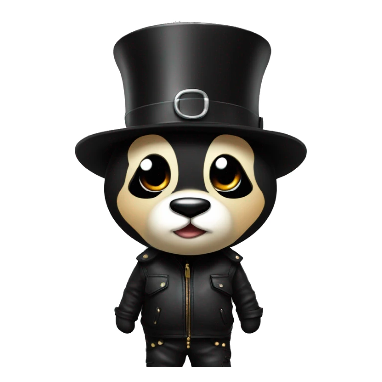 A panda with a top hat in a black leather jacket fashionable pants color Very dark so black and sports shoes of different colors sticker