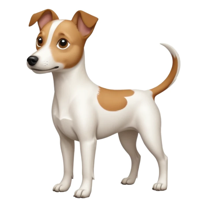 a full body white jack russel looking dog the size of a kelpie with light brown ears and a light brown patch on one eye and a large snout sticker