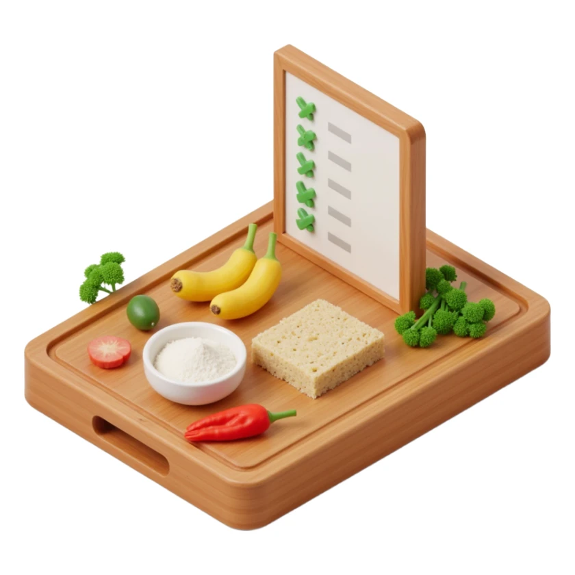 Ingredients on teh wooden cutting board with floating list  sticker