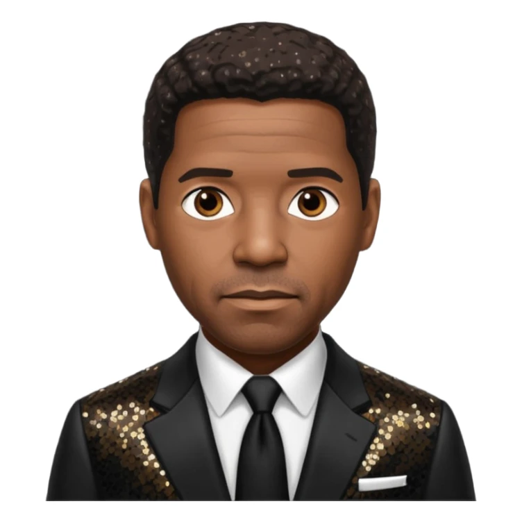 Denzel Washington with dark brown hair, black sequin suit sticker