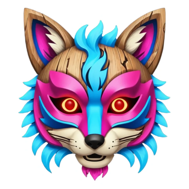 Ancient wooden mask, broken in half, luminous and neon with red, blue, and pink fox-like glow. Fragments of the mask scattered around. sticker