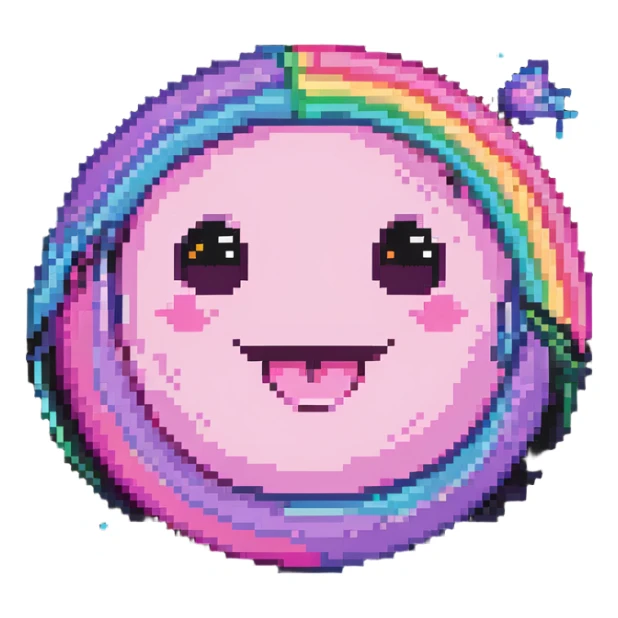 pink planet with vibrant rainbow rings and a cute winking face sticker