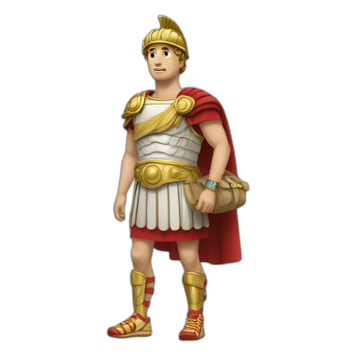 Roman imperator wearing running shoes and hytradation bag sticker