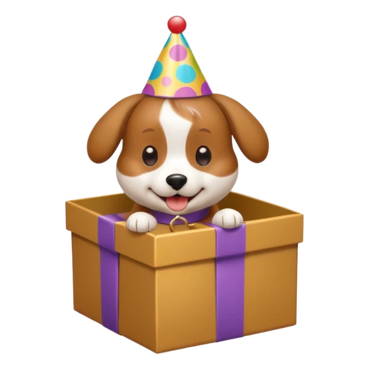 playful dog with a birthday hat, paws in a gift box sticker