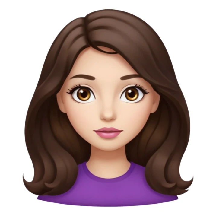 girl with wavy long dark brown hair, brown eyes, light to medium complexion, long lashes, almond shaped eyes, light pink lipstick, square shaped face sticker