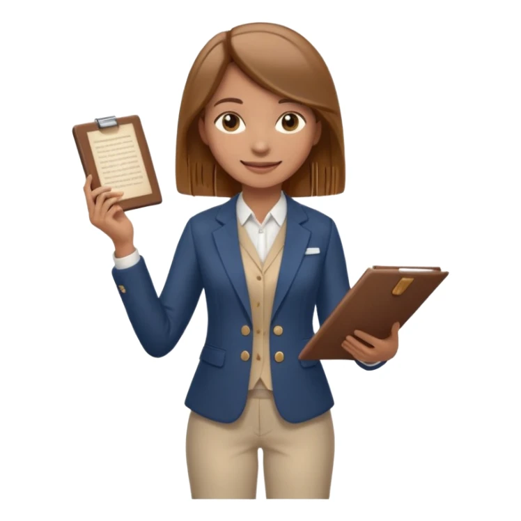 confident female character with straight light brown hair just below shoulders, smiling, academic-inspired outfit smart blazer or vest, light blouse, comfortable pants, standing like quest guide or mentor, holding scroll or digital tablet sticker