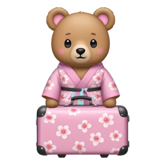 A cute light-brown bear wearing a pastel pink sakura-patterned kimono, normal balanced body ratio.  
Pulling a small suitcase with cheerful excited eyes, backpack on the back, ready for a trip.  
Kawaii emoji style, minimalistic clean sticker illustration, white background. sticker