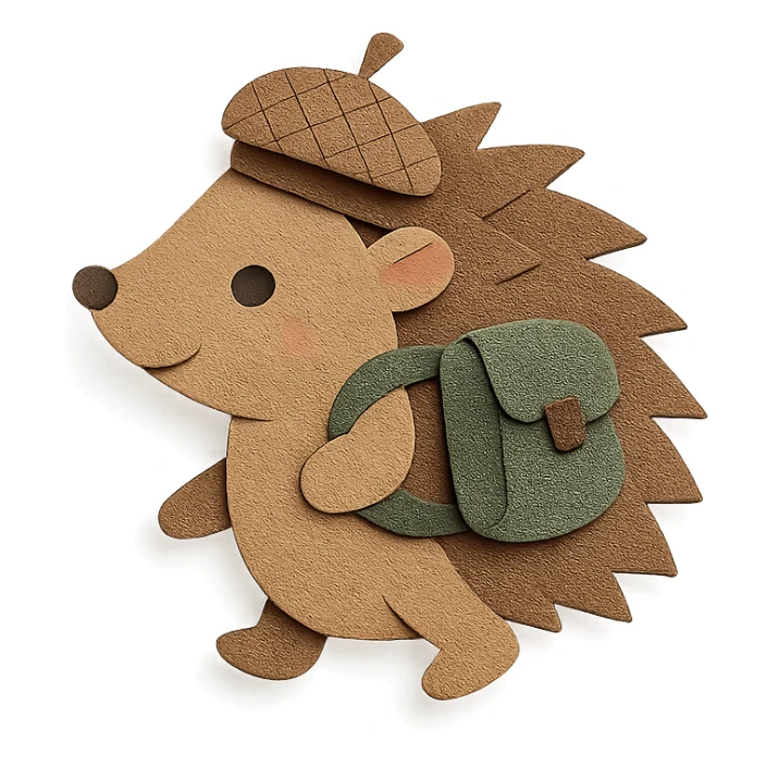 hedgehog with a tiny backpack and acorn hat, muted browns and sage green, paper-craft style sticker
