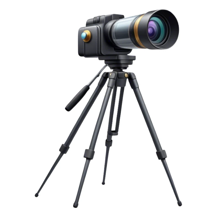 Create an emoji for video recording. Show a  single lens video camera on tripod, symbolizing the act of filming. Use modern, professional colors. Do not include any emojis or smiley faces. Make the background transparent. sticker