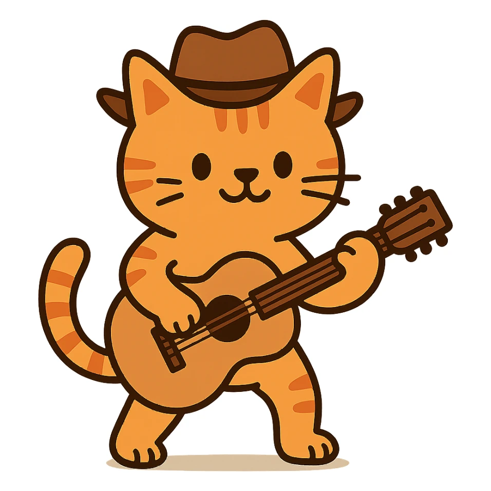 flat toon orange cowboy cat strumming an acoustic guitar  sticker