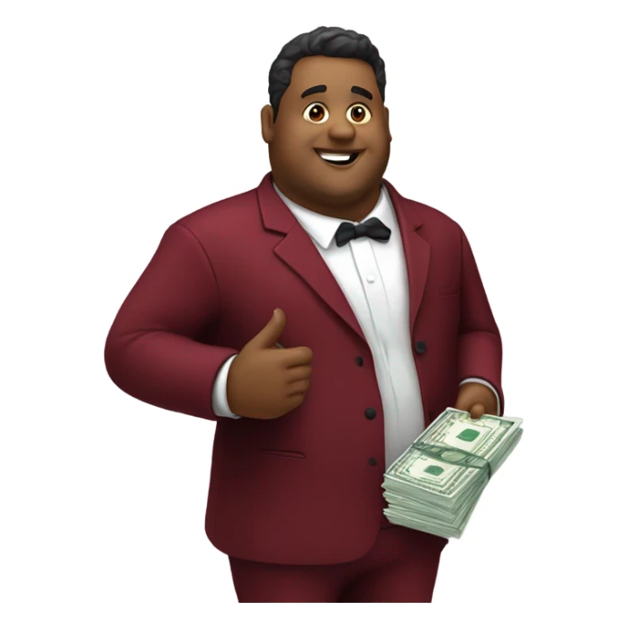 fat guy in dark red velvet suit holding cheque sticker