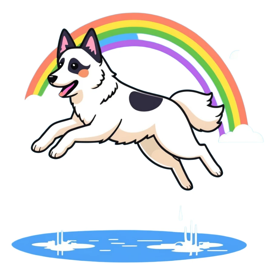 White belgian Shepard jumping over Rain puddles. There is a rainbow in the sky sticker