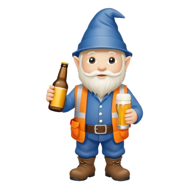 Garden gnome wearing construction clothes holding a bottle of beer sticker