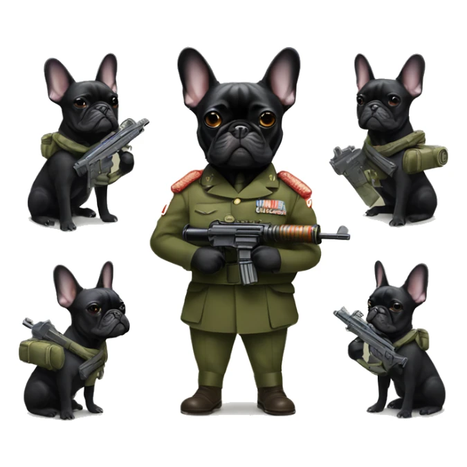 black french bulldog in military uniform with a machine gun sticker