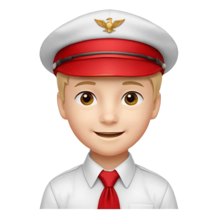 A Soviet pioneer emoji — smiling young boy wearing a white shirt with a bright red pioneer necktie and a classic red pilotka cap. not a cowboy hat. Flat, smooth 3D shading sticker