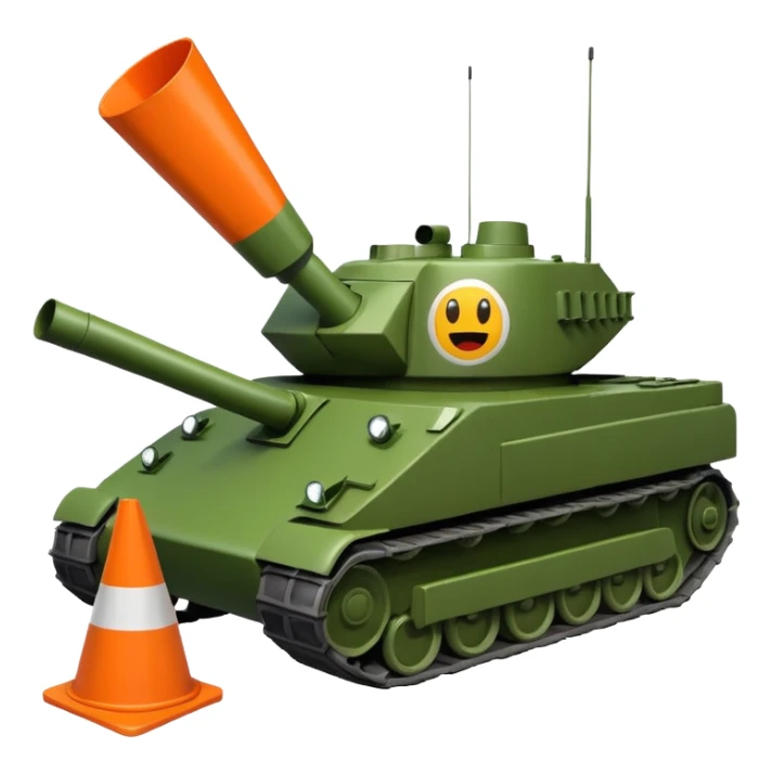 green military tank crushing a traffic cone with a cartoon face under its treads, emoji style sticker