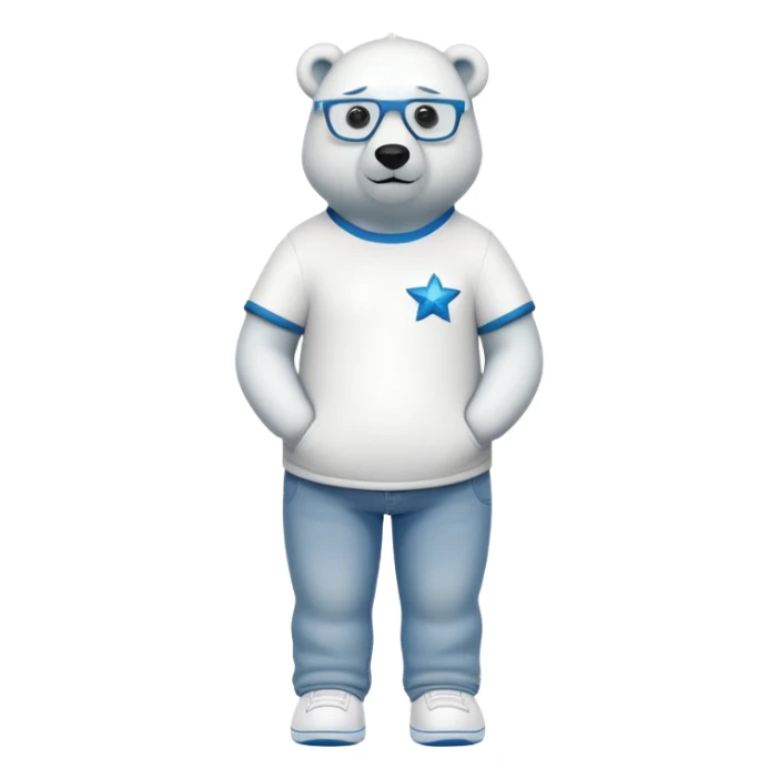 friendly anthropomorphised polar bear standing upright, looking chilled and unbothered, wearing a shirt, jeans, trainers, star-shaped glasses sticker