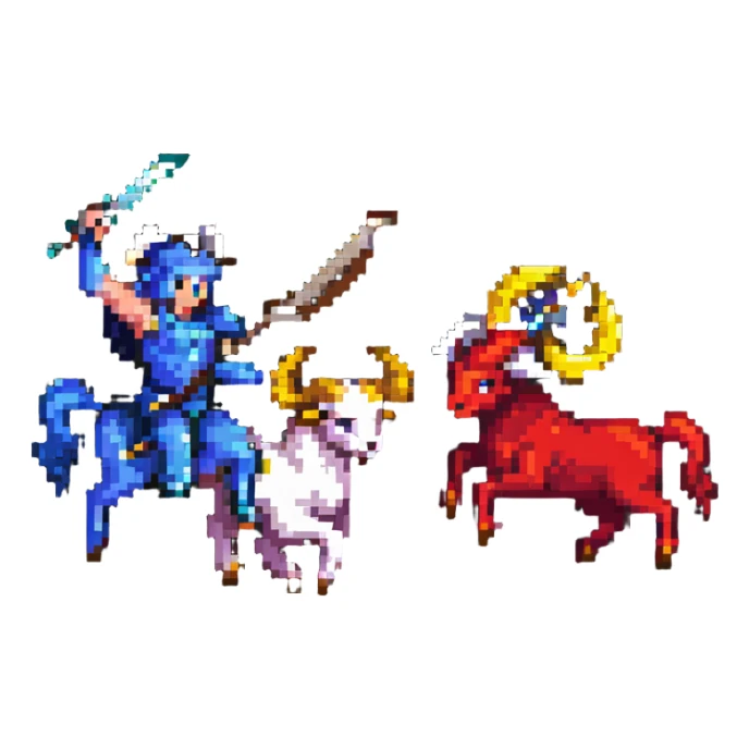Sagittarius defeating Aries ram, pixel art style sticker