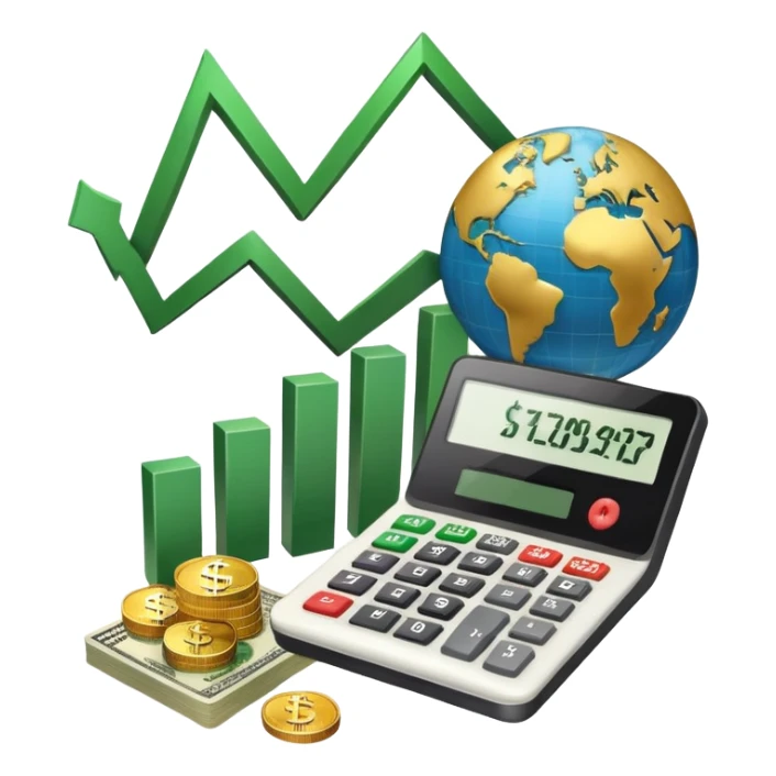 An icon featuring a calculator, a dollar sign, and a chart with upward trends, symbolizing economics. The design includes coins, bills, and a globe, representing global trade and financial systems. Transparent background highlights the study of markets, supply, and demand. sticker