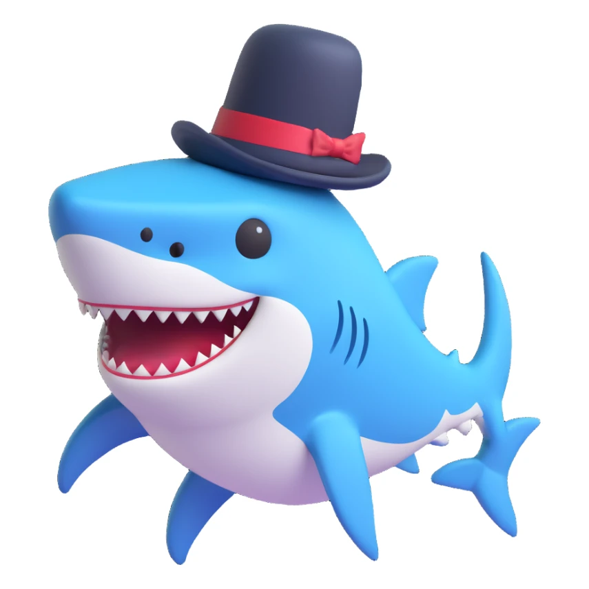 shark in a top hat, 3D emoji style sticker