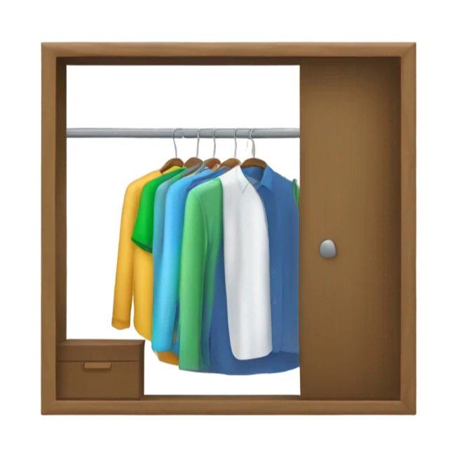 Design an emoji-style icon of an open wardrobe with clothes hanging inside. Include details like a wooden frame, hangers, and colorful clothing items such as shirts or any other clothing . Use a clean and minimalistic design. sticker