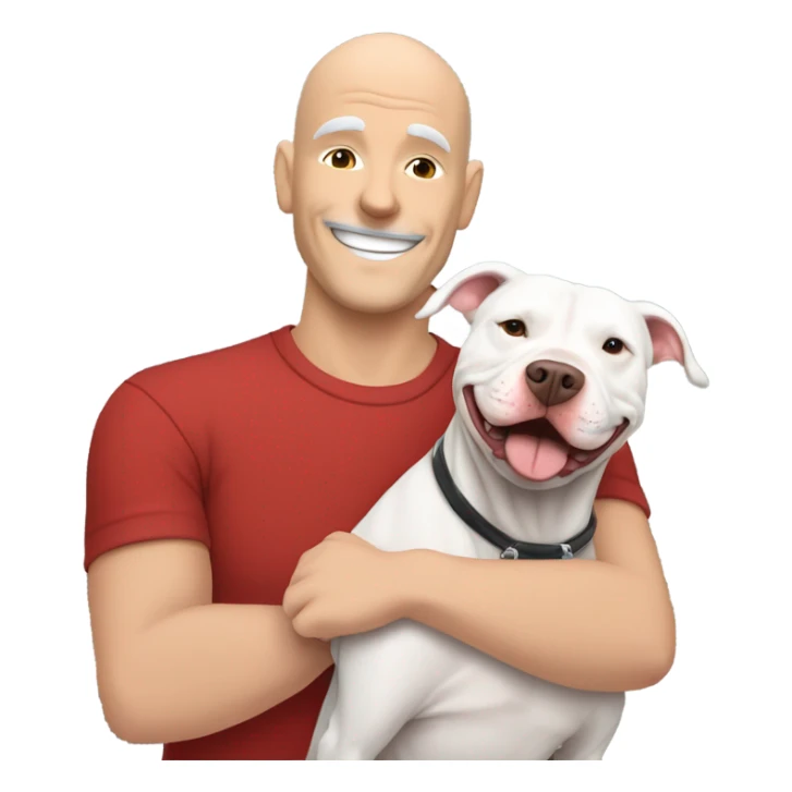 Grey male large pit bull smiling hugging bald white mature man with red tshirt sticker