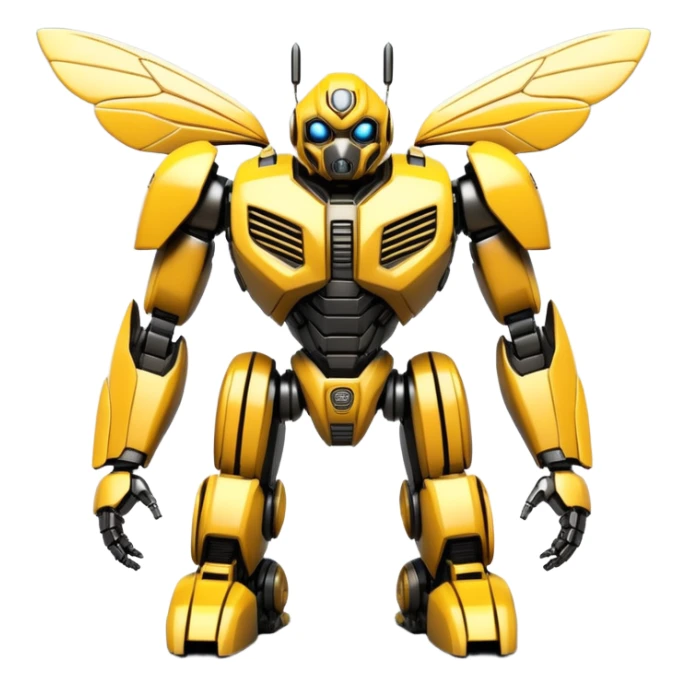 Futuristic robotic bumblebee character in the exact style of Bumblebee from Transformers movies, highly detailed 3D model sticker