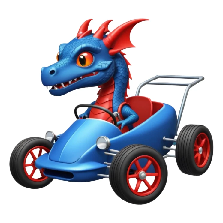 Special air-cooled three cylinder race car whose frame and suspension is made of shopping cart material with a large gas tank, and rear spoiler, is being professionally steered/driven by a small dark dragon  sticker