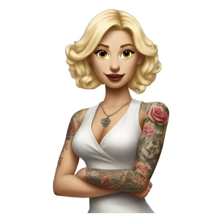 Blonde elegant women, her Body Covered with Tattoos, POINTING to YOU FORWARD with her ONE HAND , Hyper realistic sticker