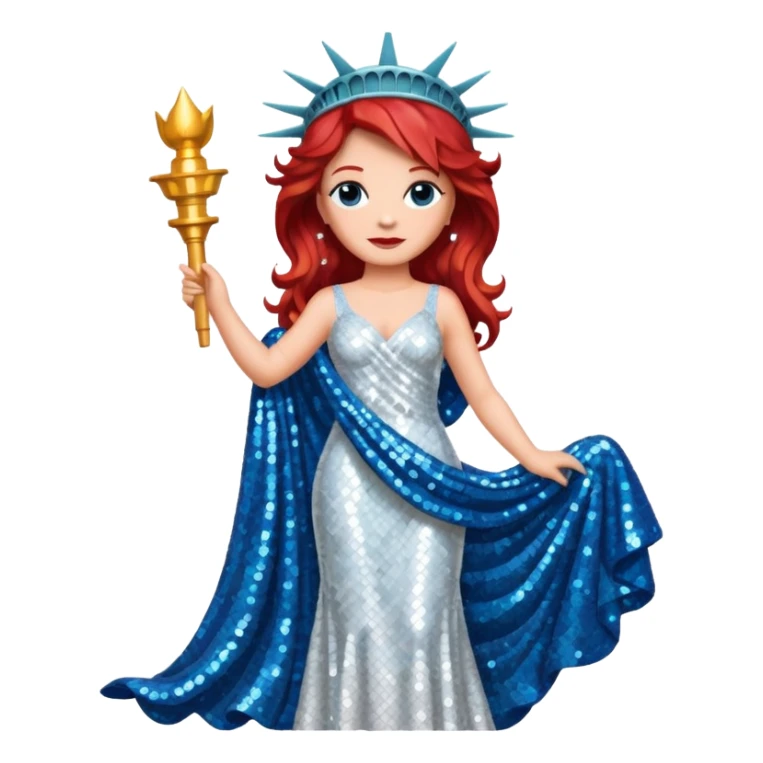 Lady Liberty from Film Studios with red wavy hair, white sequin gown, blue sequin drape sticker