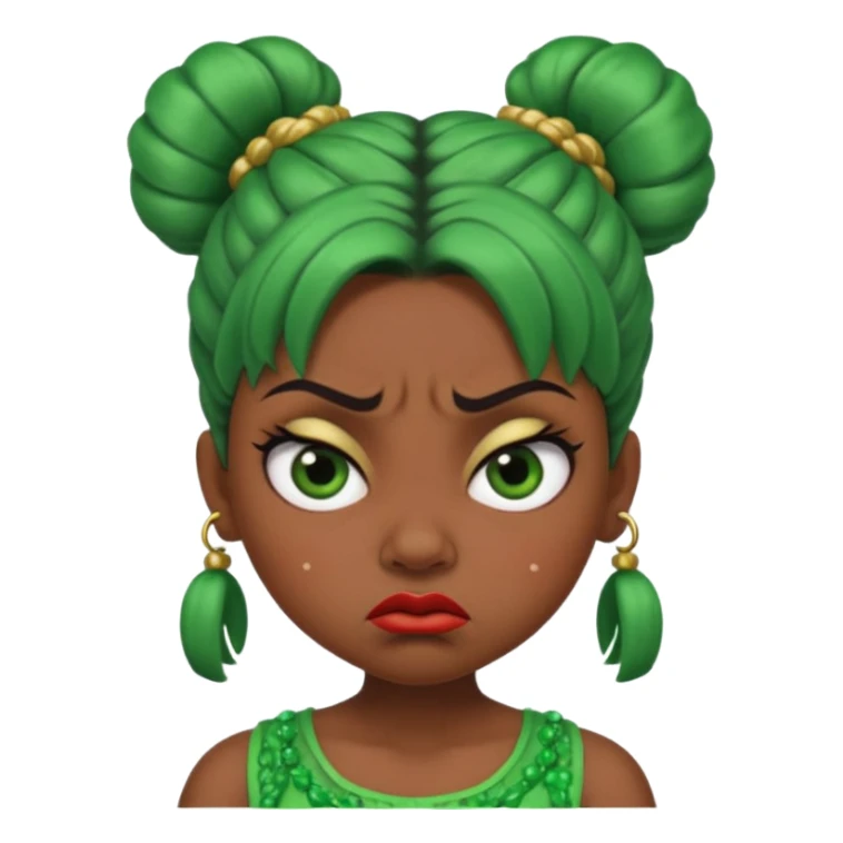 Create a 3D cartoon-style girl character with dark skin, round face, angry expression, big wide eyes, and tightly styled double buns made of green beaded hair. The girl should look irritated, eyebrows sharply angled, and lips pressed in a frown. sticker