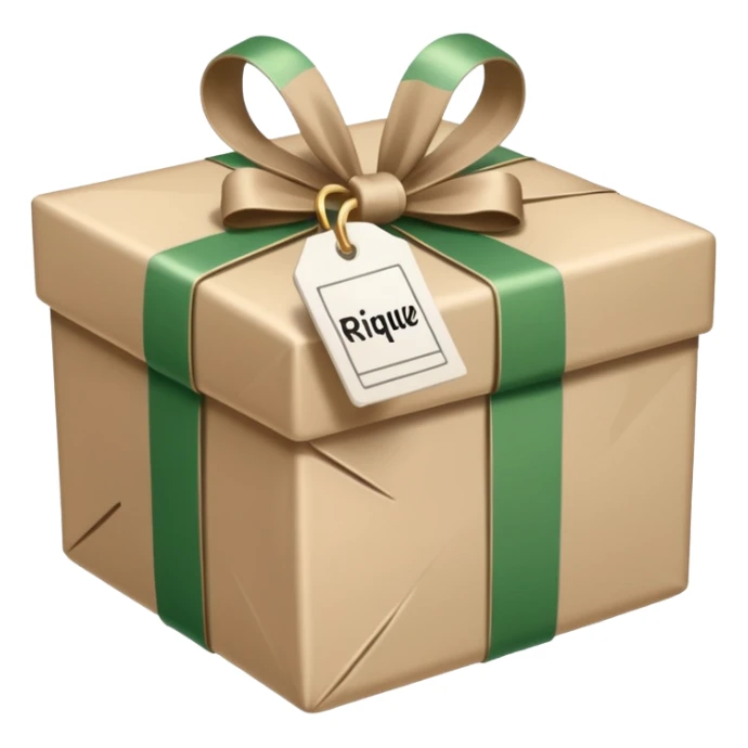 A beige and white christmans gift, with a label that says Rique. sticker